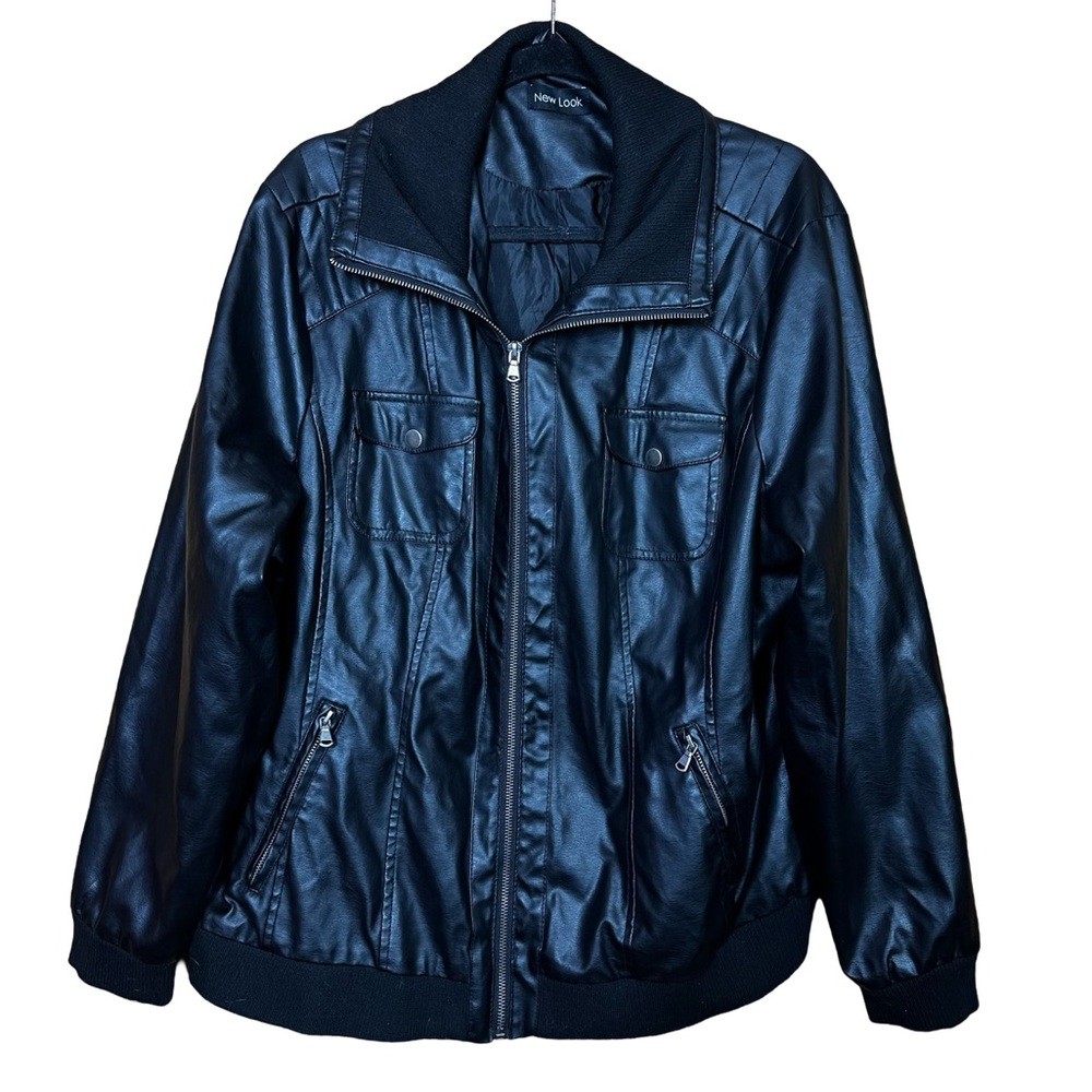 New Look Black Vegan Faux Leather Ribbed Collar Zip Bomber Jacket with Pockets